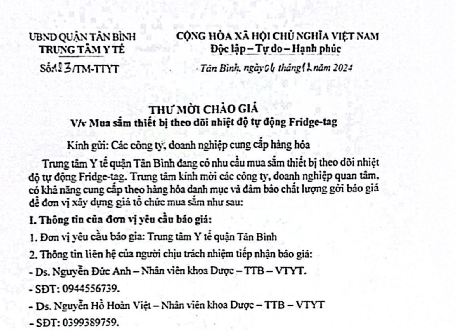 183-THƯ MỜI CHÀO GIÁ MUA SẮM THIẾT BỊ THEO DÕI NHIỆT ĐỘ TỰ ĐỘNG FRIDGE - TAG
