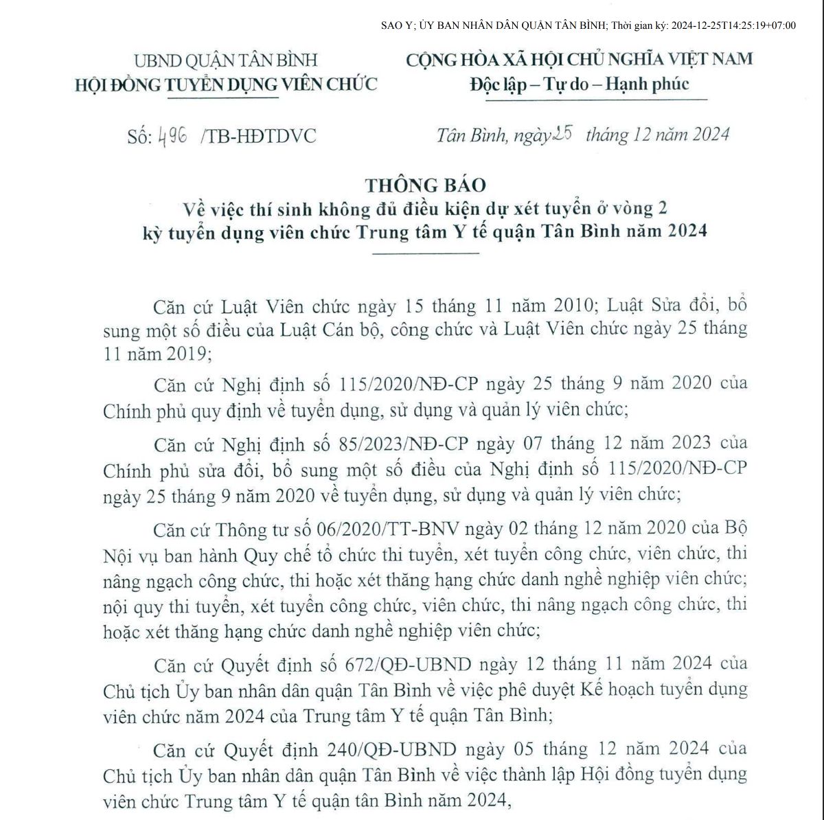 496-THÔNG BÁO VỀ VIỆC THÍ SINH KHÔNG ĐỦ ĐIỀU KIỆN DỰ XÉT TUYỂN VÒNG 2 KỲ TUYỂN DỤNG VIÊN CHỨC TTYT NĂM 2024