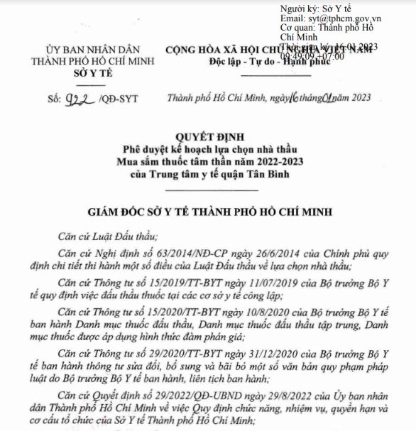 Quyết định phê duyệt kế hoạch lựa chọn nhà thầu mua sắm thuốc tâm thần 2022-2023 của Trung tâm Y tế quận Tân Bình