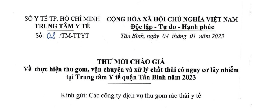 Thư mời chào giá về thực hiện thu gom, vận chuyển và xử lý chất thải có nguy cơ lây nhiễm tại Trung tâm Y tế quận Tân Bình năm 2023