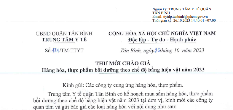 Thư mời chào giá hàng hóa, thực phẩm bồi dưỡng theo chế độ bằng hiện vật năm 2023