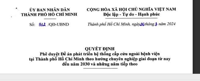 Quyết định 912/QĐ-UBND ngày 26/3/2024 về Phê duyệt Đề án phát triển hệ thống cấp cứu ngoài bệnh viện tại Tp. HCM theo hướng chuyên nghiệp giai đoạn từ nay đến năm 20230 và những năm tiếp theo